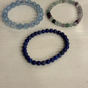 3 Beaded Stretch Bracelets - Lapis Lazuli, Aquamarine, and Fluorite